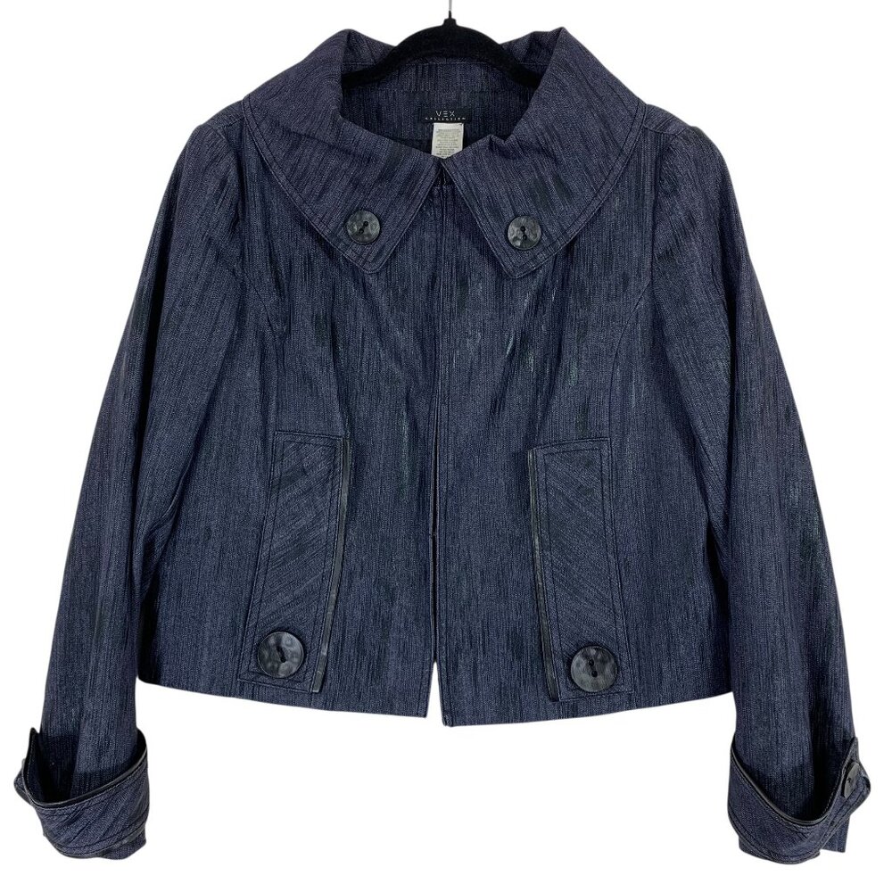 VEX Retro style denim jacket 50"s style funnel collar col navy size 10